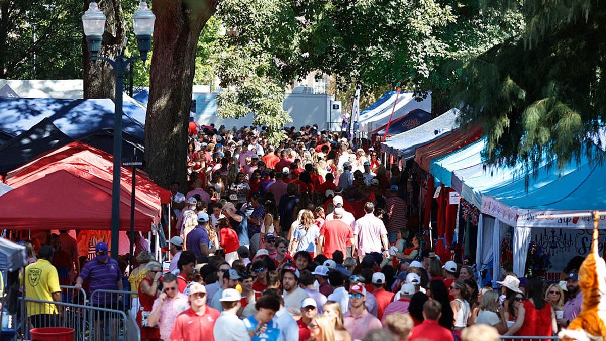 Crowd gathered in The Grove before LSU Tigers and Ole Miss Rebels college football game.