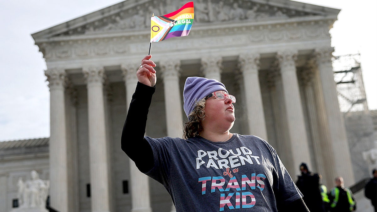 A transgender rights supporter holds a sign while standing outside the Supreme Court during a rally.